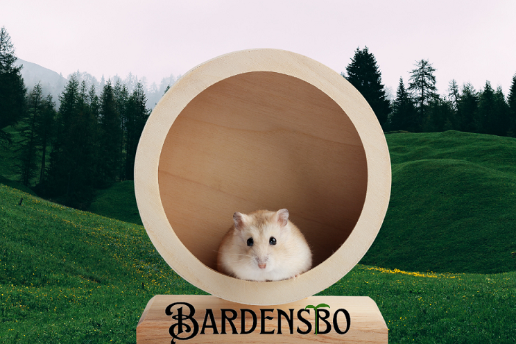 baggrund er skov landskab i front er hamsterhjul med hamster nederst bardensbo logo