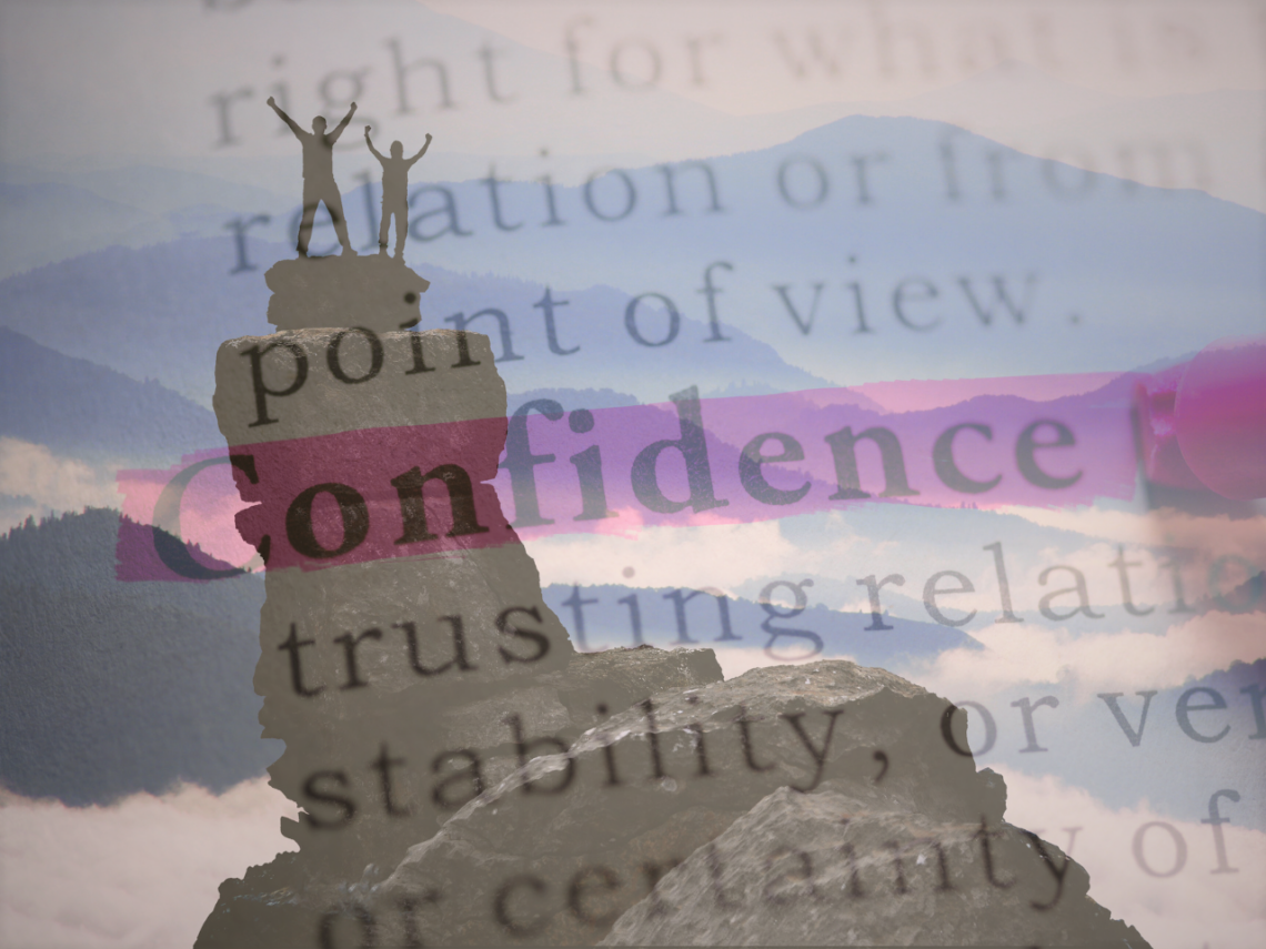 collage. two mountain climbers layered with a photo of dictionary showing the word confidence