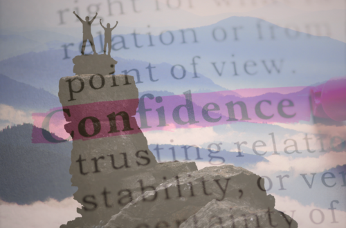 collage. two mountain climbers layered with a photo of dictionary showing the word confidence