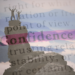 collage. two mountain climbers layered with a photo of dictionary showing the word confidence
